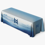 Tablecloth with a gradient design and logo on a white background