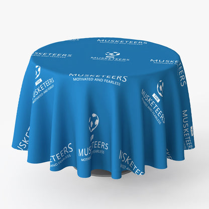 Custom printed round table cover fitted over a cocktail table