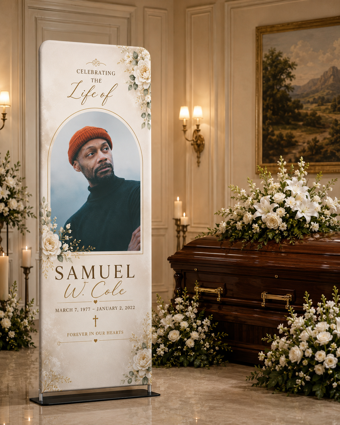 Memorial tribute display on the 48-inch pillowcase backdrop (scene render)