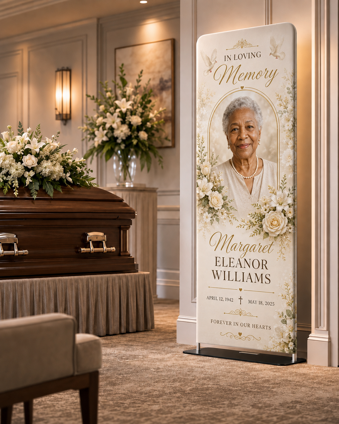 In-loving-memory tribute graphic on the pillowcase backdrop at a funeral service (scene render)